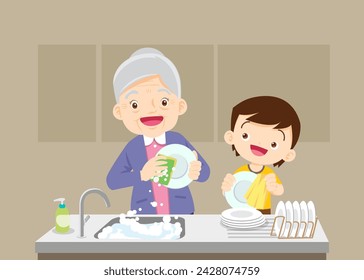 Happy kid helping family washing dishes at home. grandparent and child do household chores together. Little helper work