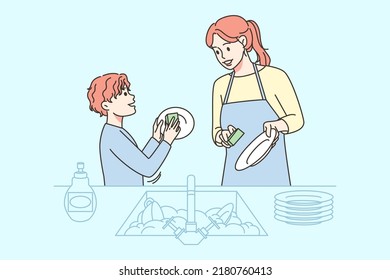 Happy Kid Helping Mother Washing Dishes At Home. Mom And Child Do Household Chores Together. Little Helper Work. Childhood Concept. Vector Illustration. 