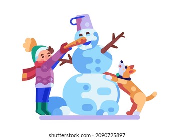 Happy kid and his dog build snowman. Winter activity scene with boy making snow man in flat design.