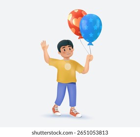 Feliz garoto segurando balão. Criança sorridente caminhando com balão de ar de hélio na mão, comemorando o feriado. Menina excitada festiva. Ilustração de vetor de renderização 3D isolada no plano de fundo branco