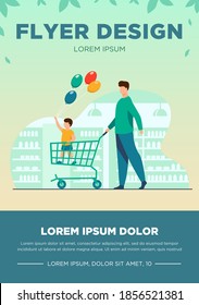 Happy kid holding balloons and standing in trolley. Father, son, fun flat vector illustration. Shopping and supermarket concept for banner, website design or landing web page