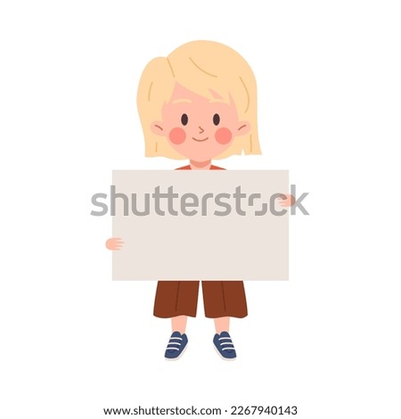 Happy kid holding blank poster or paper, cartoon flat vector illustration isolated on white background. Little girl showing message on placard. Empty space for text.