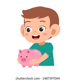 happy kid holding piggy bank vector