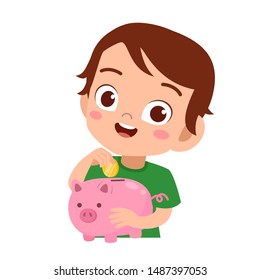 happy kid holding piggy bank vector