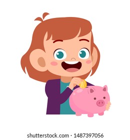 Happy Kid Holding Piggy Bank Vector