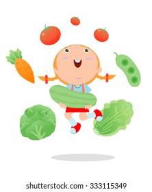 Happy kid holding smiling live vegetables, Children and vegetables, Healthy children food concept, Happy kids holding jumping vegetables, children in the farm,kid and vegetables, Vector Illustration