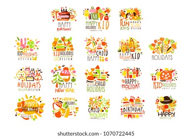 Happy Kid Holiday Colorful Graphic Design Template Logo Series,Hand Drawn Vector Stencils