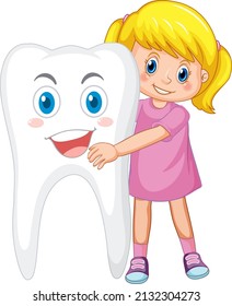 Happy kid hugging a big tooth on white background illustration
