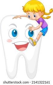 Happy kid hugging a big tooth on white background illustration