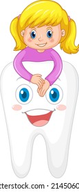 Happy kid hugging a big tooth on white background illustration