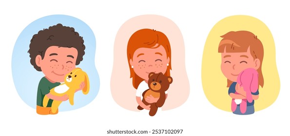 Niño feliz abrazando lindo juego de pegatinas de juguete suave. Adorable niño sonriente, niña persona sosteniendo abrazos osito de peluche, conejito animal peluche, jugando. Diversión de la infancia, amor Ilustración vectorial plana