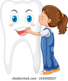 Happy kid hugging and kiss a big tooth on white background illustration