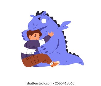 Happy kid hugs his favourite toy Dino. Little boy cuddles cute plush friend. Child loves stuffed dinosaur, embraces. Imaginary friendship. Flat isolated vector illustration on white background