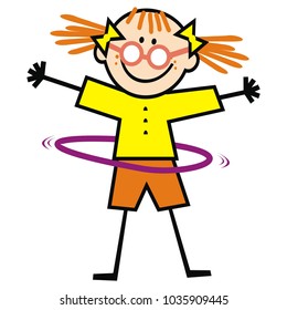 happy kid and hula hoop, girl and exercise hoop, vector illustration