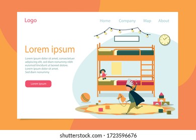 Happy Kid in Indian Suit Play Landing Page Home Design. Online Service Offer Toy, Furniture for Bedroom Playroom. Children Rest and Development. Child Entertainment Organization. Vector Illustration