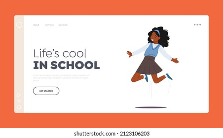 Happy Kid Jumping in Air Landing Page Template. Young African Girl in School Uniform Jump. Happiness, Childhood and Freedom Concept. Schoolgirl Rejoice for Holidays. Cartoon Vector Illustration,