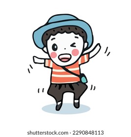 Happy kid jumping, cartoon drawing style illustration