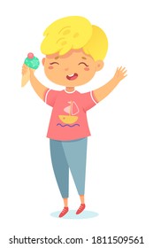 Happy kid jumping with joy eating icecream. Cute child having fun and smiling on birthday party. Entertainment and amusement leisure vector illustration. Summer holidays time.