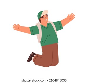 Happy kid jumping up with joy and fun. Excited child rejoicing in motion. Cheerful boy celebrating smth. Joyful character with positive emotions. Flat vector illustration isolated on white background