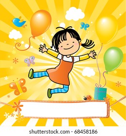 happy kid jumping, party invitation with nice banner for your message.