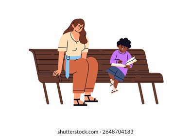 Happy kid is learning to read book outdoors. Nanny and cute child sit on bench in park together. Mother teaches little boy by textbook in nature. Flat isolated vector illustration on white background