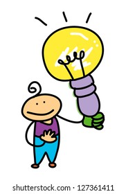 happy kid with light bulb thumb up cartoon illustration