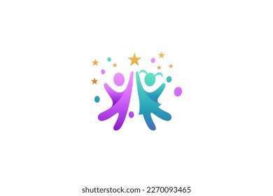 Happy kid logo in celebration style reaching for the stars in colorful design