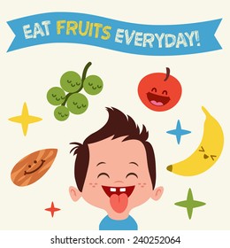 Happy Kid loves to eat Yummy fruits Vintage Vector illustration card 