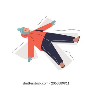 Niño feliz echado en la nieve en el suelo haciendo ángel de nieve. Los niños podrán disfrutar del invierno, de divertidas actividades al aire libre y del clima nevado durante las vacaciones de invierno. Dibujo vectorial plano de dibujos animados