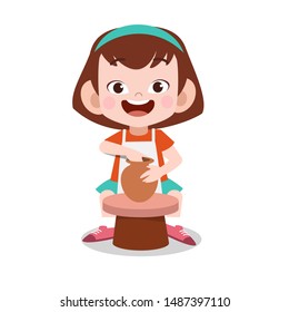 happy kid make clay pottery vector illustration