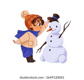 Happy kid makes, builds cute snowman. Little girl is shaping sculpture from snow in winter. Child in outerwear plays, has fun in Christmas holiday. Flat isolated drawing vector illustration on white