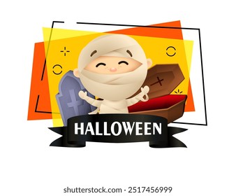 Niño feliz en traje de momia invitando a la fiesta. Inscripción de Halloween en cinta negra, tumba de piedra y ataúd sobre fondo. Concepto de celebración de Halloween. Ilustración vectorial para cartel o Anuncio