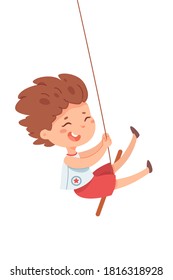 Happy kid on swing. Boy having fun playing during holiday vacation. Cute child swinging on tree and laughing on playground. Outdoor activities vector isolated illustration.