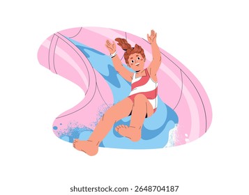 O garoto feliz está em toboáguas em um parque aquático. Criança excitada se diverte no deslizamento com as mãos para cima. Menina de maiô jogando na piscina no verão. Ilustração de vetor isolado plano em branco