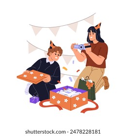 Happy kid opens birthday gift. Mother filming video how child rejoices at Bday present. Son in party cap with surprise giftbox from parent. Flat isolated vector illustration on white background