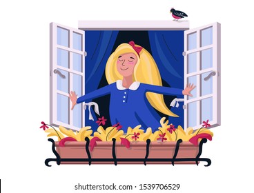 Happy kid opens the window. Smiling girl looks out from a small balcony with autumn flowers. Woman inhales fresh morning air from the street. Vector illustration in flat style on white background.