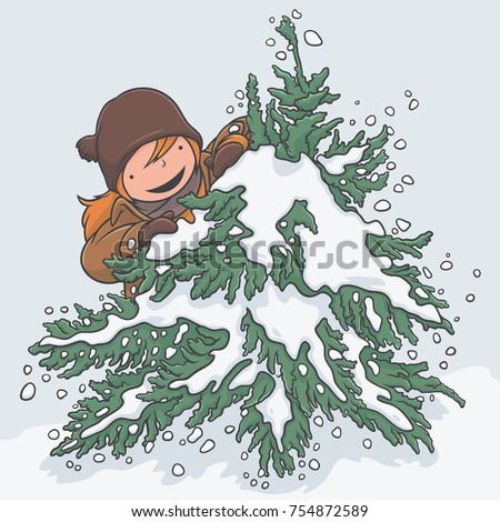 Happy Kid Peeking Behind a Snow Covered Pine Tree, Winter Games Theme, Character Design, Vector Illustration