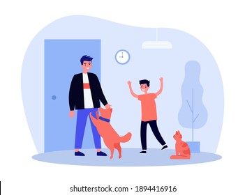 Happy kid and pets welcoming dad at home. Son, dog, cat. Flat vector illustration. Family, parenthood, domestic animals keeping concept for banner, website design or landing web page