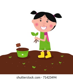 Happy kid is planting small plants on farm. Vector Illustration.