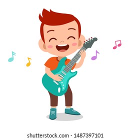 happy kid play electric guitar music vector