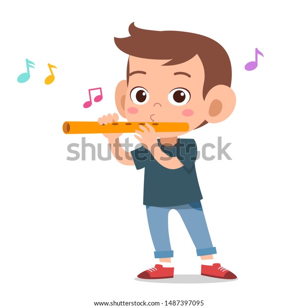 happy kid play flute music\
vector