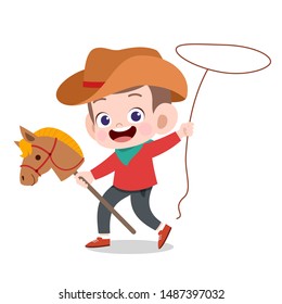 happy kid play with horse toy vector illustration