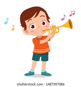 happy kid play trumpet music vector