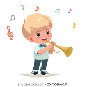 happy kid play trumpet music vector