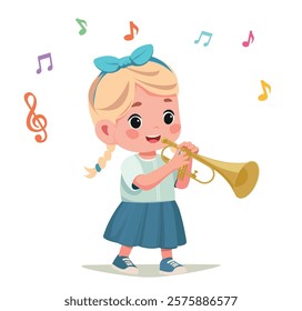 happy kid play trumpet music vector