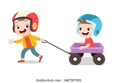 Happy Kid Play With Wagon Vector Illustration