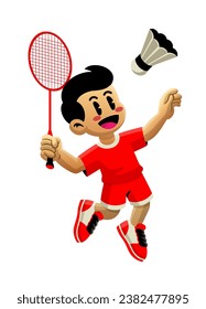 Happy Kid Playing Badminton Cartoon Illustration