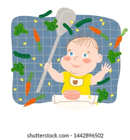 Happy Kid Playing With Food At Feeding Table. Vector Cartoon Illustration Of Cute Healthy Playful Child With A Spoon, Carrots, Broccoli, Vegetables. Baby Boy Eating And Throwing Food