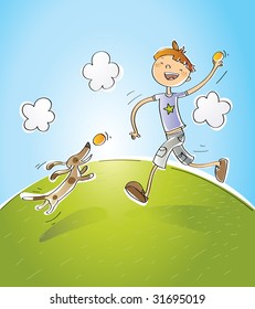 happy kid playing with his dog in park, vector illustration
