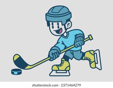 Happy Kid Playing Hockey Cartoon in Vintage Style